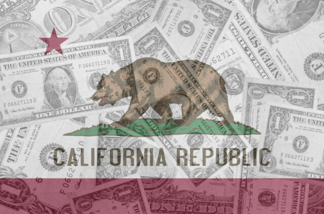 US state of california flag with transparent dollar banknotes in