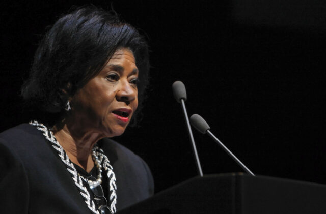 Mistress of Ceremonies, Belva Davis, addresses the audience during an event celebrating the life and work of Quentin Easter, founding executive director of the Lorraine Hansberry Theatre who passed away recently.The theater community came together at the