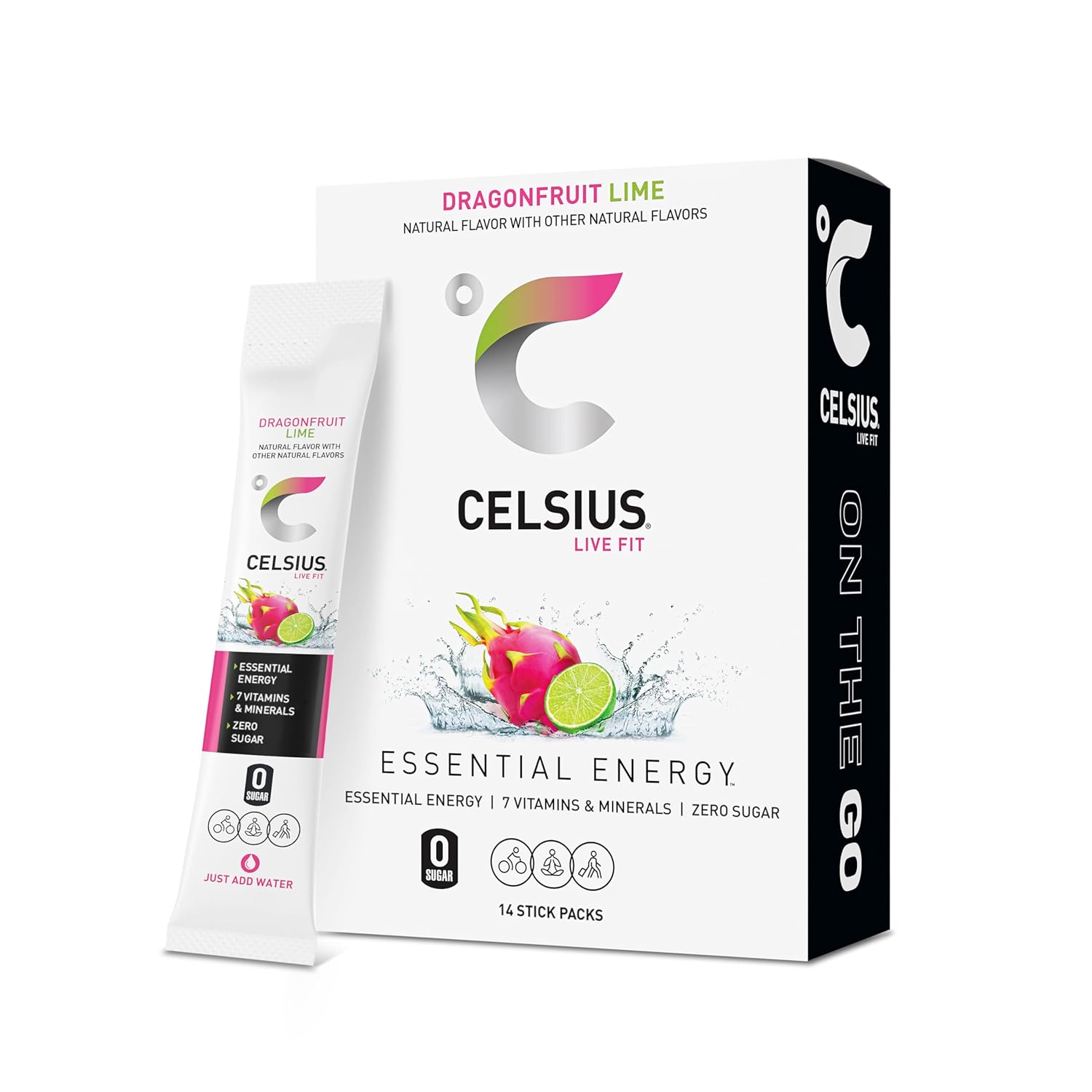CELSIUS On-The-Go Powder Sticks Dragonfruit Lime, Essential Energy 2.8 Oz