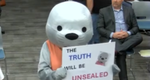 Anonymous Costumed Seal Delivers Serious Message at San Bernardino County Board of Education Meeting