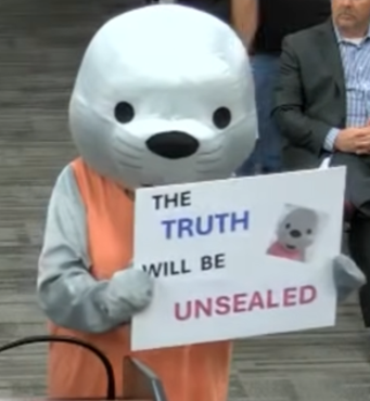 Anonymous Costumed Seal Delivers Serious Message at San Bernardino County Board of Education Meeting